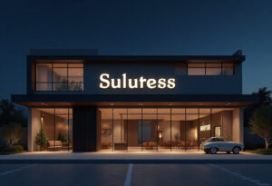 3D Visualization of Commercial Facade at Night with Classic Car and Interior Glow