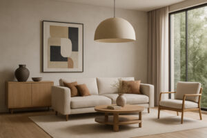 3D Interior Rendering Services of Sofa with Hanging Light and Framed Wall Art