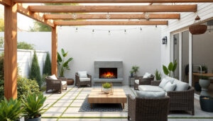 Rendered Outdoor Living Space with Fireplace