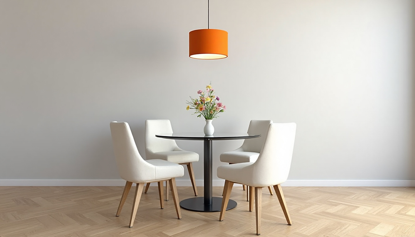 3D Modeling Services - A modern dining area with a round glass table and four white upholstered chairs and a flower vase