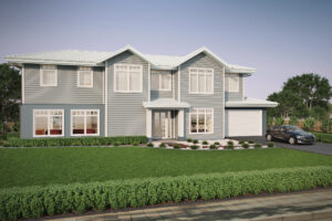 Architectural 3D rendering of a two-storey weatherboard house with white trim, hip roof, symmetrical windows, green lawn, and driveway with a car.