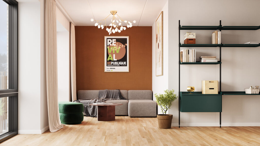 Photorealistic 3D rendering of a Scandinavian-style modern living room with a grey modular sofa, terracotta accent wall, green velvet pouf, copper coffee table, and open shelving unit.