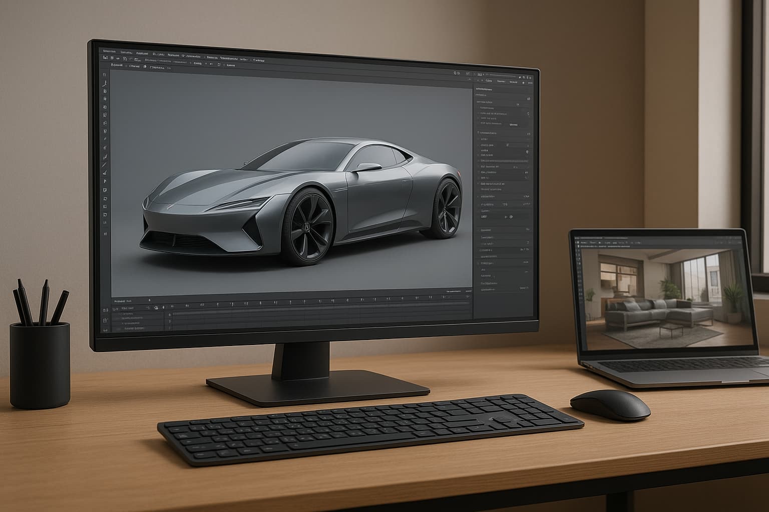 3D Rendering Software 2025 showing a realistic car model and interior scene on a modern workstation