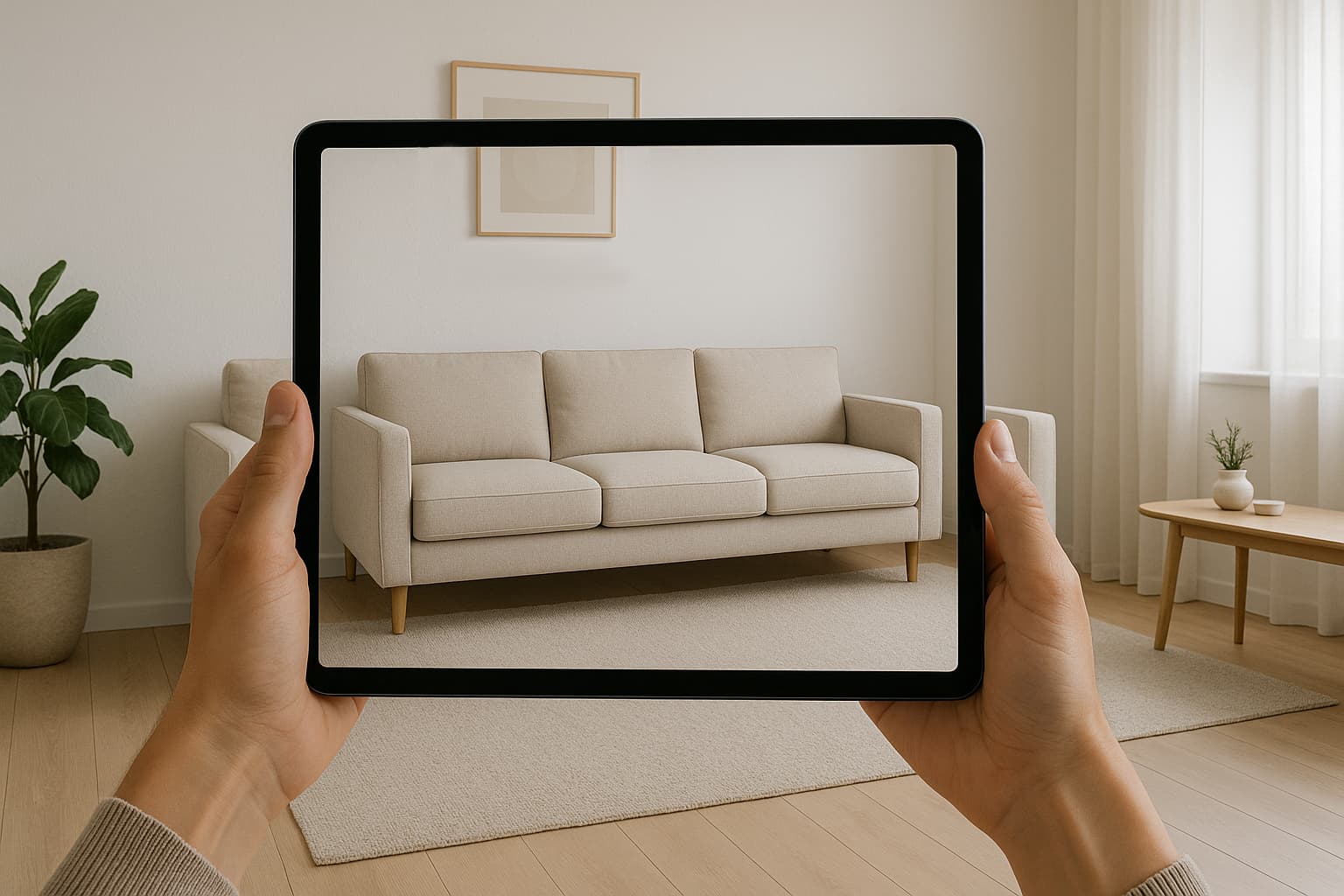 Tablet showing augmented reality furniture placement of a beige sofa in a modern living room using AR modeling for furniture design.