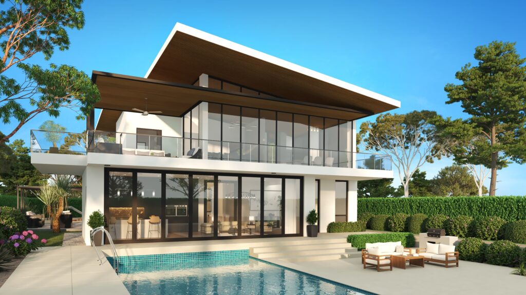 3D exterior rendering of a modern two-story house with large glass windows, sloped roof, swimming pool, and outdoor seating surrounded by lush greenery.