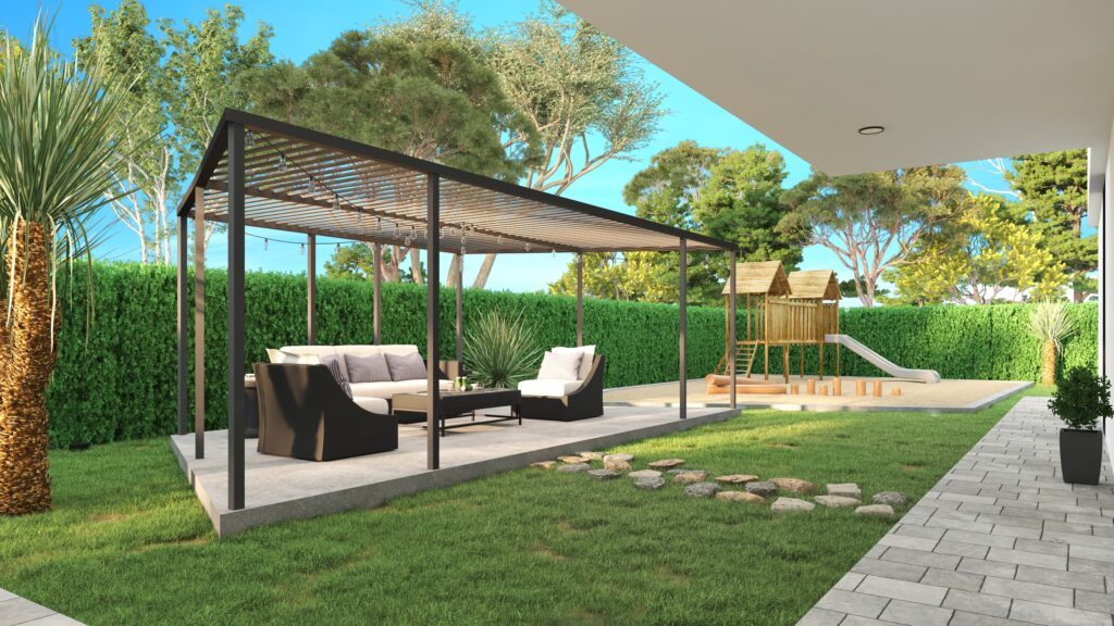 3D outdoor living visualization featuring a modern pergola, landscaped garden, seating area, and children's play area