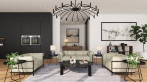 3D rendered modern living room with armchairs, black coffee table, large chandelier, wall art, and open-concept layout.