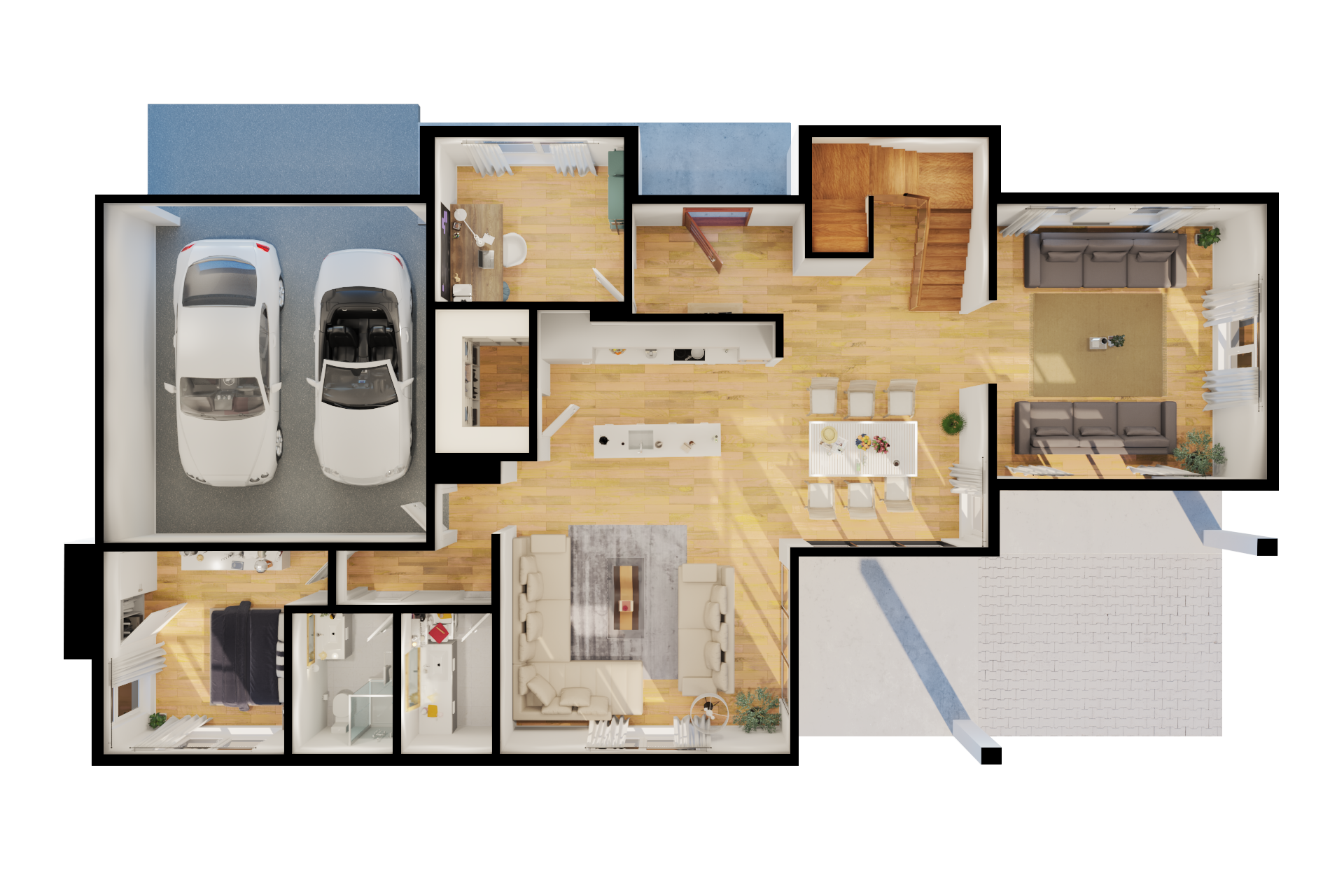 3D interior and exterior floor plan rendering of a modern house featuring garage, living room, kitchen, outdoor area, and detailed interior visualization.