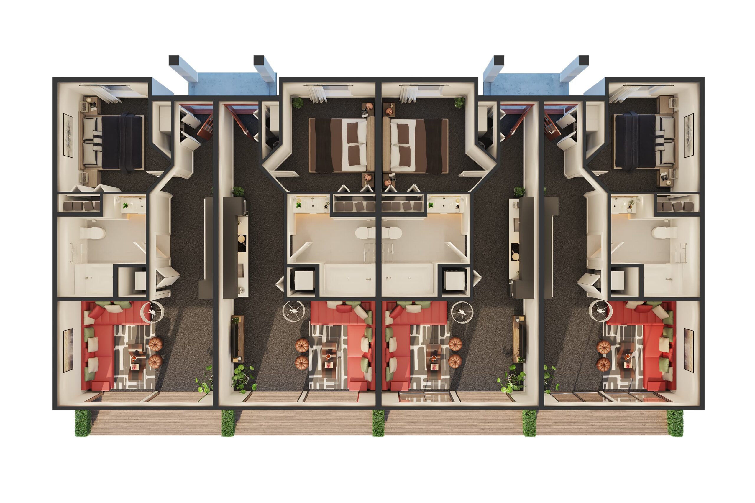 4-unit 3D floor plan rendering of a modern residential building featuring open living areas, kitchens, bedrooms, and bathrooms with realistic interior detailing.