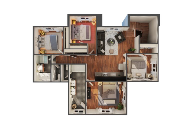 Final photorealistic 3D floor plan rendering of a modern three-bedroom house with realistic lighting, textures, and interior details.