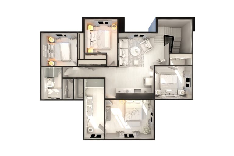 3D floor plan rendering showcasing detailed lighting, textures, and furnished rooms for interior visualization and architectural design.