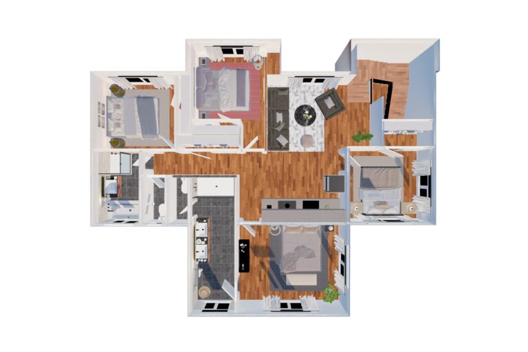 Photorealistic 3D floor plan rendering of a modern three-bedroom house showcasing kitchen, living area, and bathrooms with realistic textures.