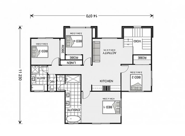 Top-view 2D architectural floor plan of a modern 3-bedroom house featuring kitchen, ensuite, activity area, and bathrooms — ideal for 3D floor plan rendering visualization by CGTech Rendering.