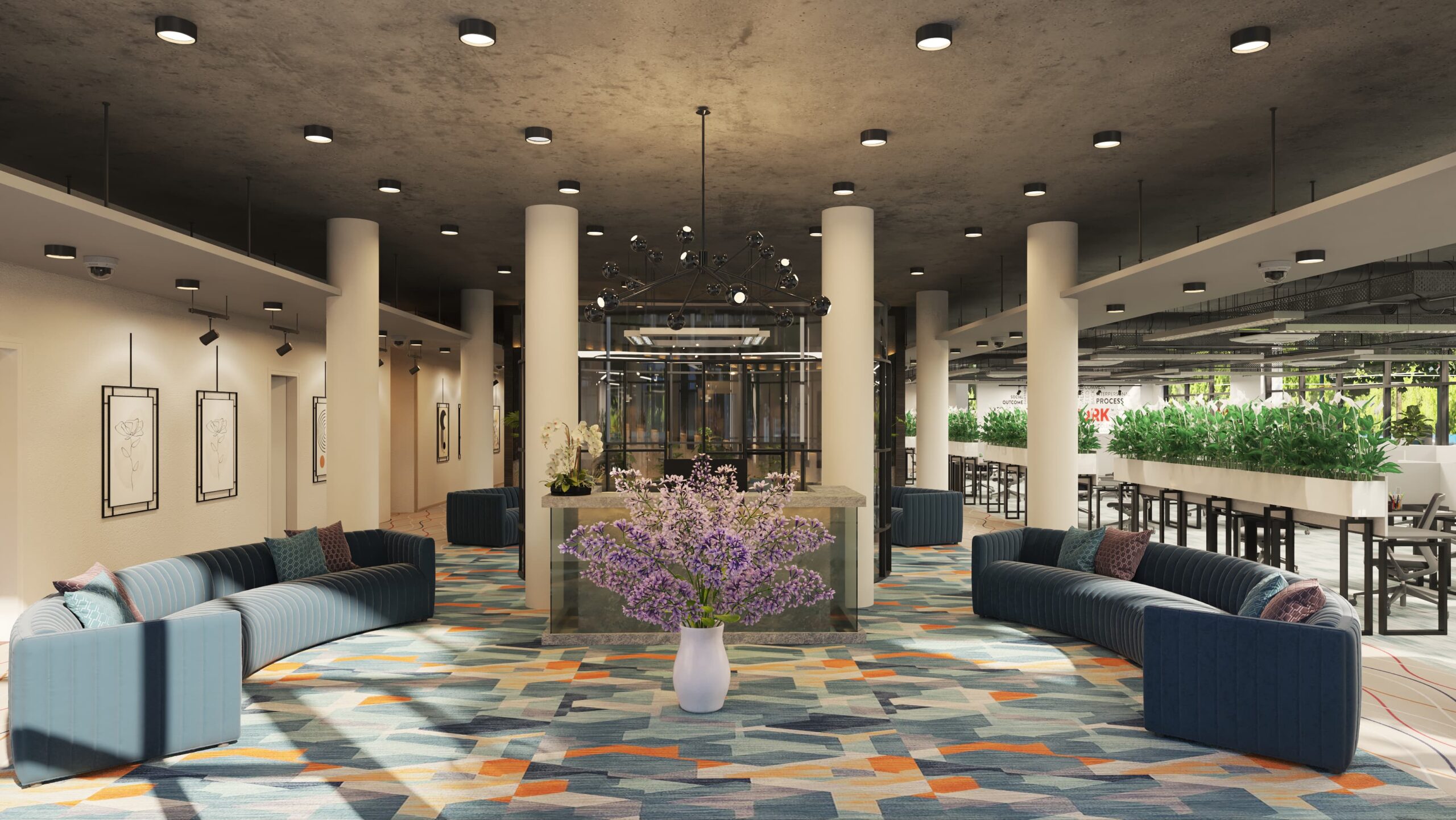 Photorealistic 3D rendering of a modern office interior with lounge seating, geometric carpet, and green workspace elements.