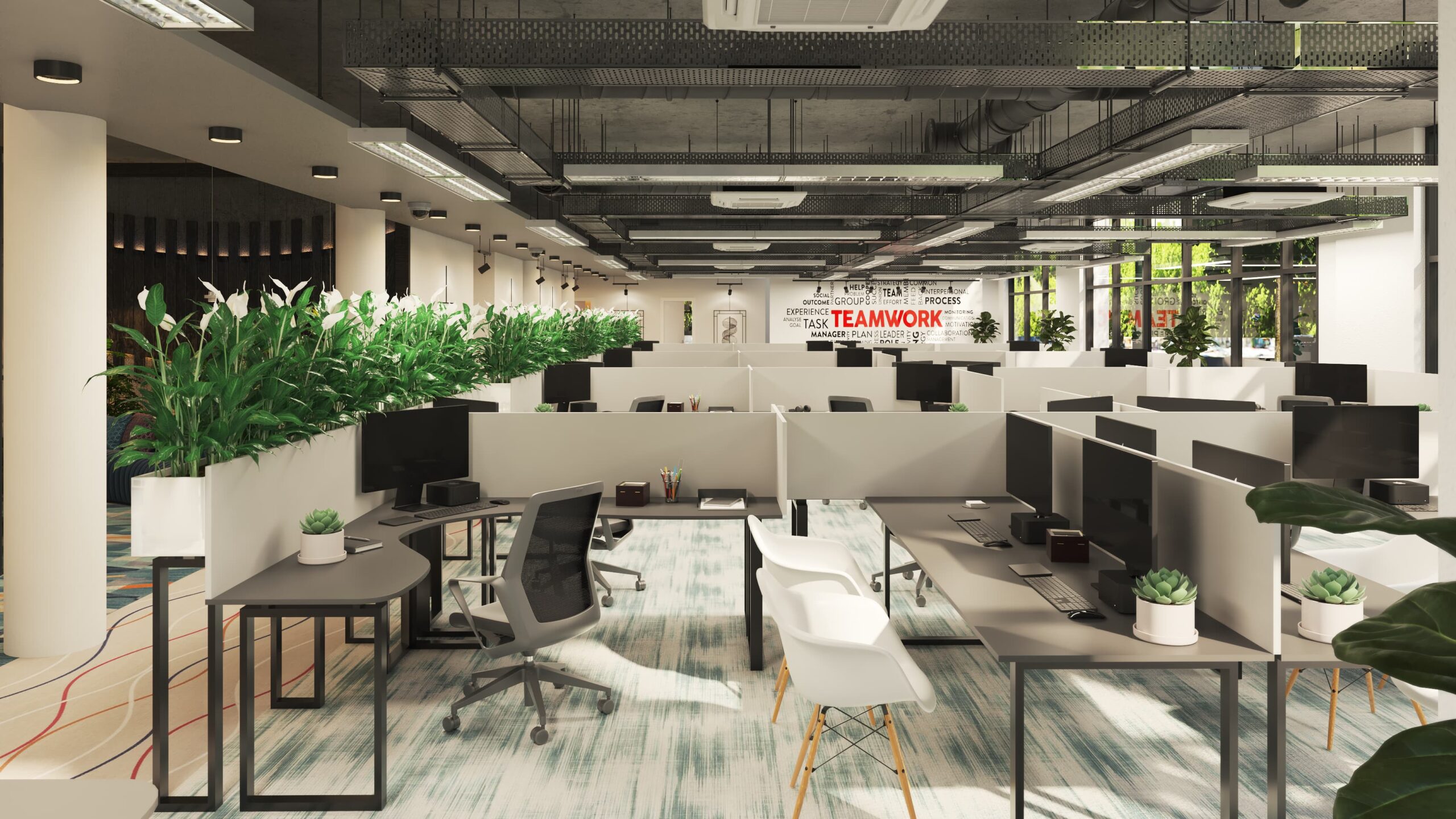3D rendering of a modern open-plan office with cubicles, plants, and large windows for natural lighting.
