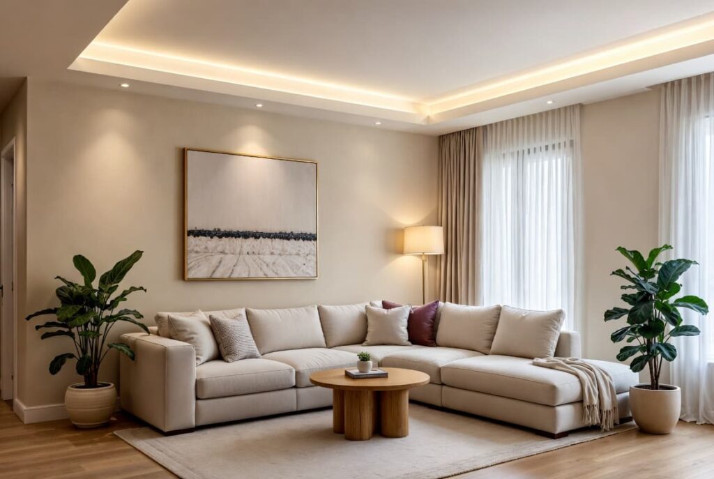 Small Scale 3D Interior rendering of a beautifully designed modern small living room with cozy seating and warm lighting