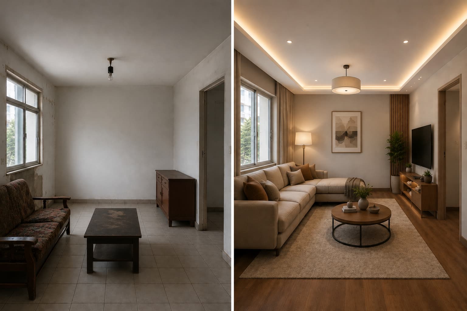 Small Scale 3D Interior rendering example showing before and after living room transformation from old empty space to modern stylish interior