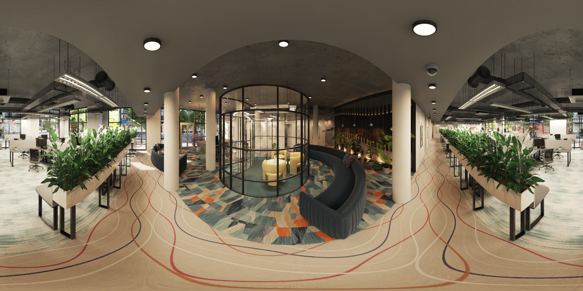 Photorealistic 360-degree architectural visualization of a modern open-plan office with a glass meeting pod, yellow chairs, curved blue sofas, workstations, planters and an exposed industrial ceiling.