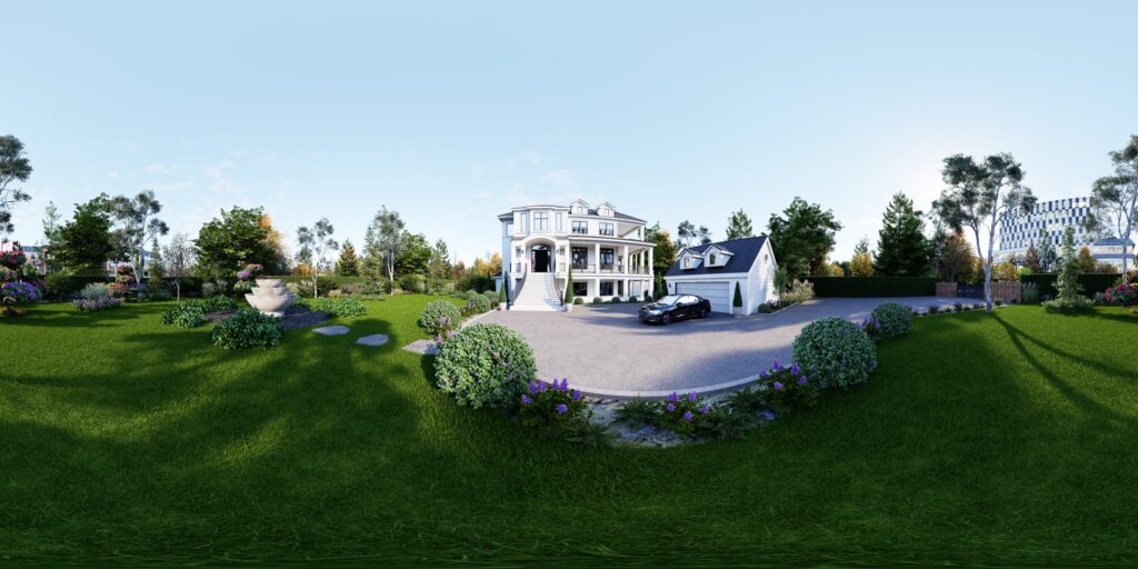 360-degree exterior rendering of a three-story luxury residence with a detached garage, landscaped gardens, circular driveway and surrounding urban context.