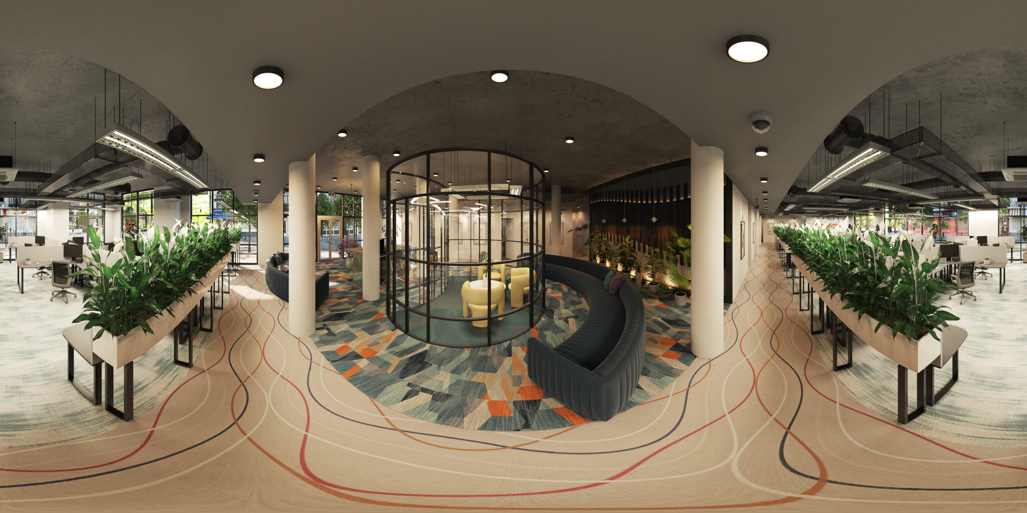 Photorealistic 360-degree 3D rendering of a modern open-plan office with a glass meeting pod, yellow chairs, curved blue sofas, workstations and an exposed industrial ceiling, created by CGTech Rendering.